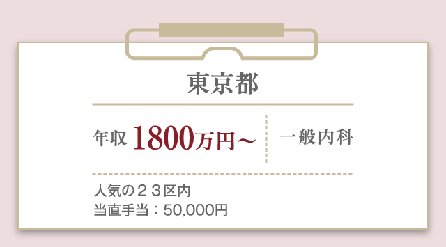 東京都 年収 1800万円〜 一般内科 人気の２３区内 当直手当：50,000円